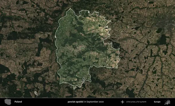 powiat opolski. Polonya 'nın idari alanı, Eylül 2020' de çekilen Kopernik Nöbetçi karolarından oluşan koyu renkli bir uydu görüntüsü üzerine vurgulandı ve özetlendi