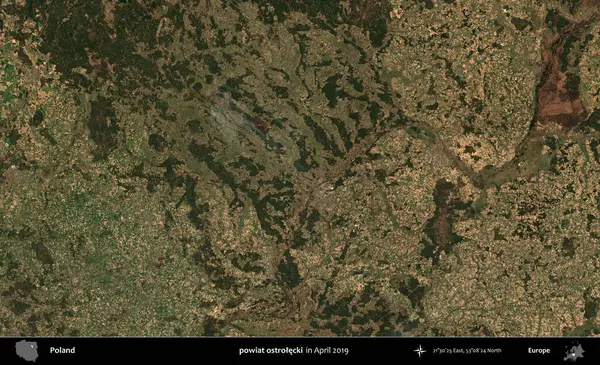 powiat ostrolecki. Nisan 2019 'da çekilen Kopernik Sentinel karolarından oluşan bir uydu görüntüsü üzerine Polonya' nın idari bölgesi