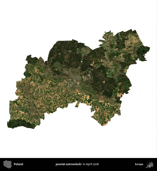 powiat ostrowiecki. Polonya idari bölgesi, Nisan 2018 'de çekilen Kopernik Nöbetçi karolarından oluşan bir uydu görüntüsü üzerinde beyaza izole edildi.