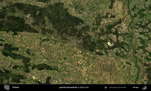 powiat ostrowiecki. Nisan 2018 'de çekilen Kopernik Sentinel karolarından oluşan bir uydu görüntüsü üzerine Polonya' nın idari bölgesi