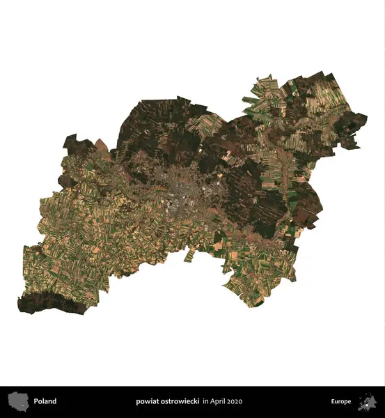 powiat ostrowiecki. Polonya idari bölgesi, Nisan 2020 'de çekilen Kopernik Nöbetçi karolarından oluşan bir uydu görüntüsü üzerinde beyaza izole edildi.