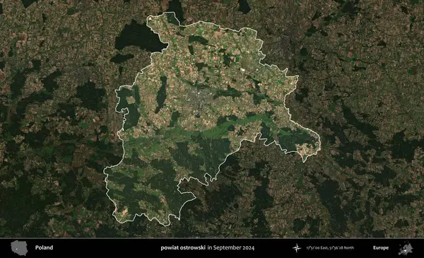 powiat ostrowski. Polonya 'nın idari alanı, Eylül 2024' te çekilen Kopernik Nöbetçi karolarından oluşan koyu renkli bir uydu görüntüsü üzerine vurgulandı ve özetlendi