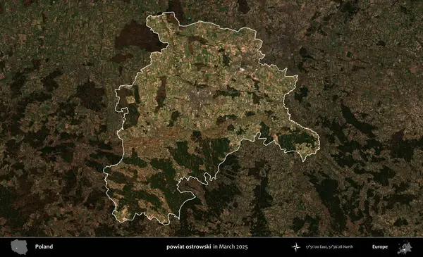 powiat ostrowski. Polonya 'nın idari alanı, Mart 2025' te çekilen Kopernik Nöbetçi karolarından oluşan koyu renkli bir uydu görüntüsü üzerine vurgulandı ve özetlendi