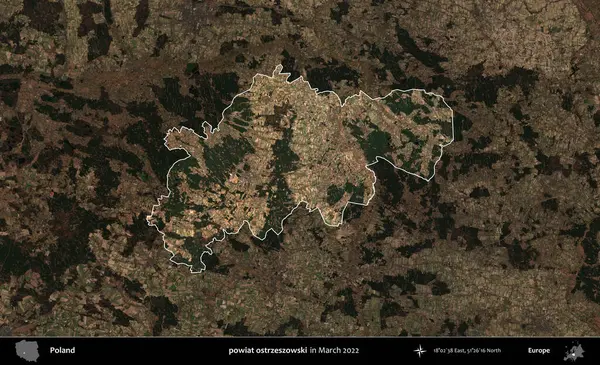 powiat ostrzeszowski. Polonya 'nın idari alanı, Mart 2022' de çekilen Kopernik Nöbetçi karolarından oluşan koyu renkli bir uydu görüntüsü üzerine vurgulandı ve özetlendi.