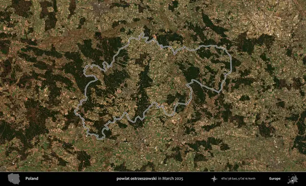 powiat ostrzeszowski. Polonya 'nın idari bölgesinin ana hatları, Mart 2025' te çekilen Kopernik Nöbetçi karolarından oluşan bir uydu görüntüsü üzerine çizildi.