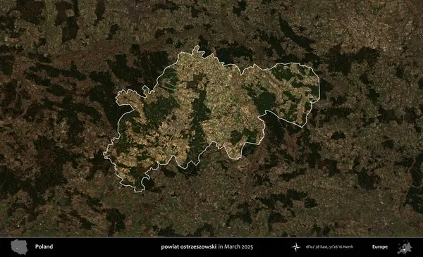 powiat ostrzeszowski. Polonya 'nın idari alanı, Mart 2025' te çekilen Kopernik Nöbetçi karolarından oluşan koyu renkli bir uydu görüntüsü üzerine vurgulandı ve özetlendi
