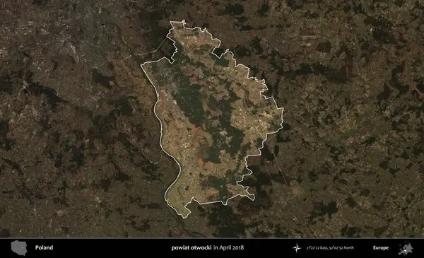 powiat otwocki. Polonya 'nın idari alanı, Nisan 2018' de çekilen Kopernik Nöbetçi karolarından oluşan koyu renkli bir uydu görüntüsü üzerine vurgulandı ve özetlendi