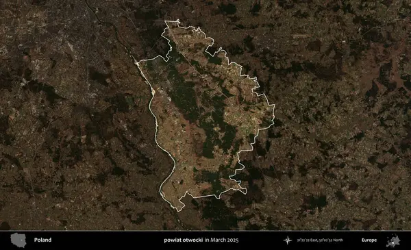 powiat otwocki. Polonya 'nın idari alanı, Mart 2025' te çekilen Kopernik Nöbetçi karolarından oluşan koyu renkli bir uydu görüntüsü üzerine vurgulandı ve özetlendi
