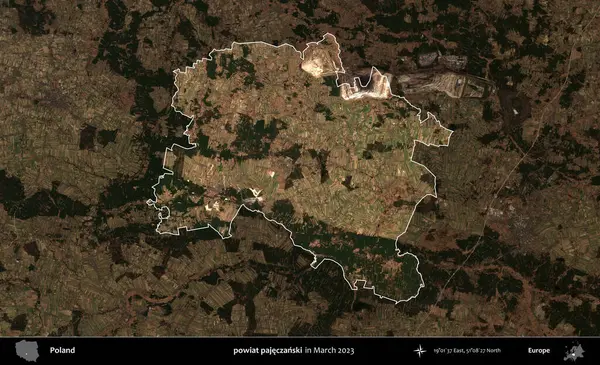 powiat pajeczanski. Polonya 'nın idari alanı, Mart 2023' te çekilen Kopernik Nöbetçi karolarından oluşan koyu renkli bir uydu görüntüsü üzerine vurgulandı ve özetlendi.