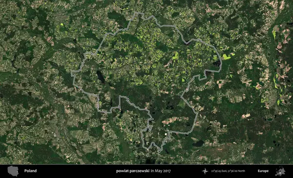 Powiat parchewski. Mayıs 2017 'de çekilen Kopernik Nöbetçi karolarından oluşan bir uydu görüntüsü üzerine Polonya' nın idari bölgesinin ana hatlarını belirledik.