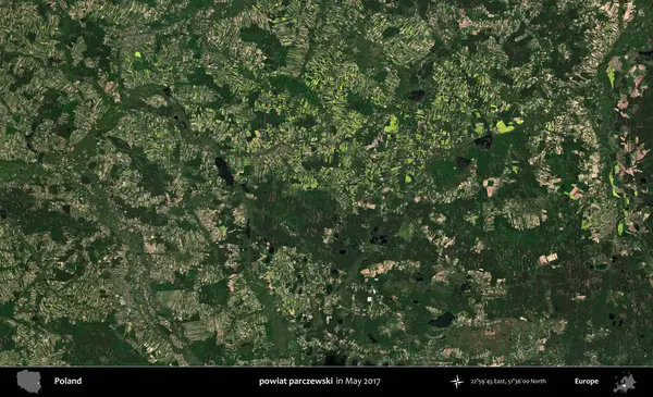 Powiat parchewski. Copernicus Sentinel 'in Mayıs 2017' de çekilmiş uydu görüntüsü üzerine Polonya 'nın idari bölgesi.