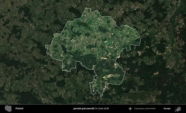 Powiat parchewski. Polonya 'nın idari alanı, Haziran 2018' de çekilen Kopernik Nöbetçi karolarından oluşan koyu renkli bir uydu görüntüsüyle vurgulandı ve özetlendi