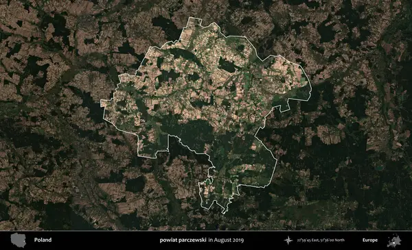Powiat parchewski. Polonya 'nın idari alanı, Ağustos 2019' da çekilen Kopernik Nöbetçi karolarından oluşan koyu renkli bir uydu görüntüsü üzerine vurgulandı ve özetlendi.