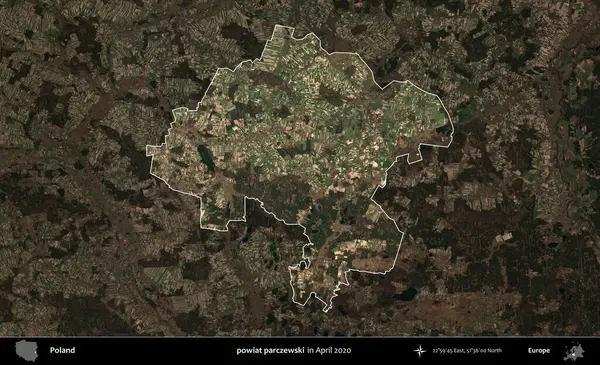 Powiat parchewski. Polonya 'nın idari alanı, Nisan 2020' de çekilen Kopernik Nöbetçi karolarından oluşan koyu renkli bir uydu görüntüsü üzerine vurgulandı ve özetlendi