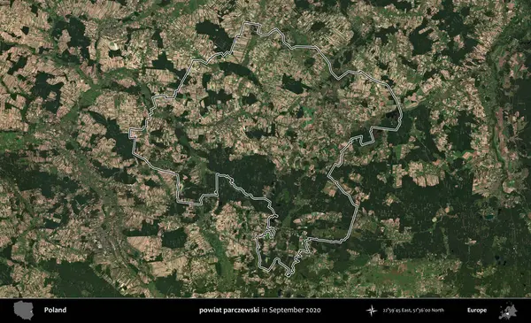 Powiat parchewski. Eylül 2020 'de çekilen Kopernik Nöbetçi karolarından oluşan bir uydu görüntüsü üzerine Polonya' nın idari bölgesinin ana hatlarını çizdim.