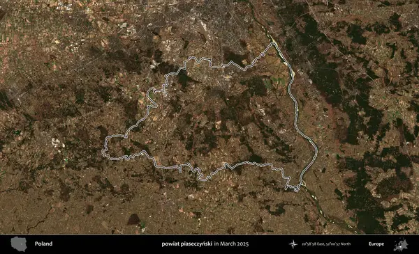 powiat piaseczynski. Polonya 'nın idari bölgesinin ana hatları, Mart 2025' te çekilen Kopernik Nöbetçi karolarından oluşan bir uydu görüntüsü üzerine çizildi.