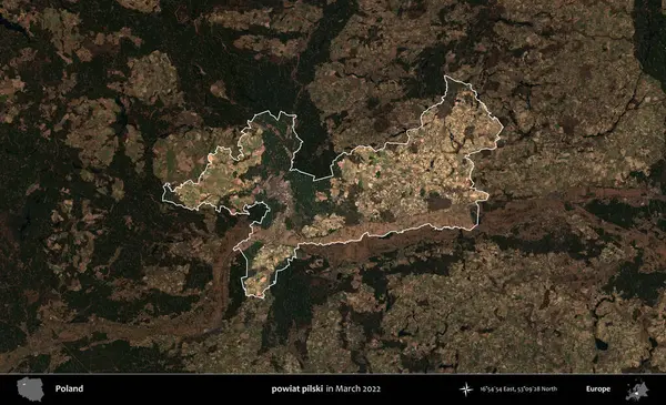 powiat pilski. Polonya 'nın idari alanı, Mart 2022' de çekilen Kopernik Nöbetçi karolarından oluşan koyu renkli bir uydu görüntüsü üzerine vurgulandı ve özetlendi.