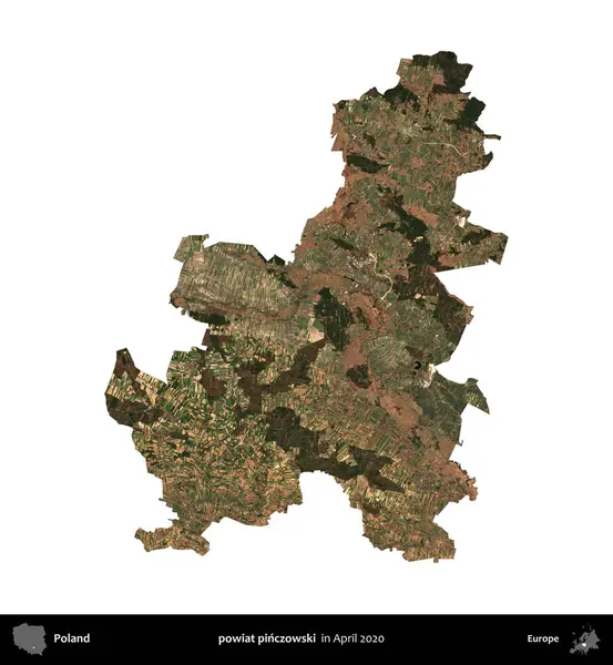 powiat pinczowski. Polonya idari bölgesi, Nisan 2020 'de çekilen Kopernik Nöbetçi karolarından oluşan bir uydu görüntüsü üzerinde beyaza izole edildi.