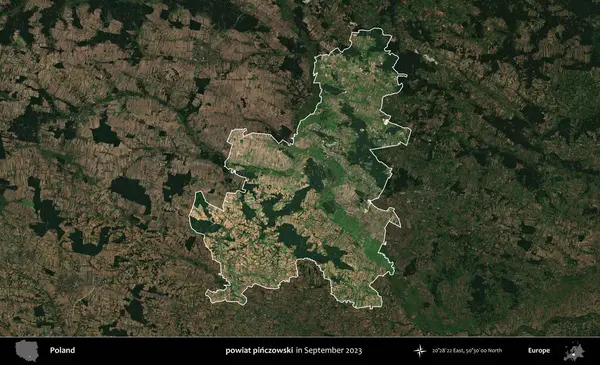 powiat pinczowski. Polonya 'nın idari alanı, Eylül 2023' te çekilen Kopernik Nöbetçi karolarından oluşan koyu renkli bir uydu görüntüsü üzerine vurgulandı ve özetlendi.