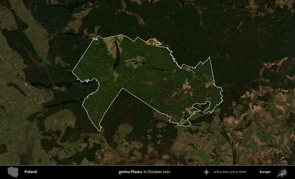 gmina Plaska. Polonya 'nın idari alanı, Ekim 2021' de çekilen Kopernik Nöbetçi karolarından oluşan koyu renkli bir uydu görüntüsü üzerine vurgulandı ve özetlendi