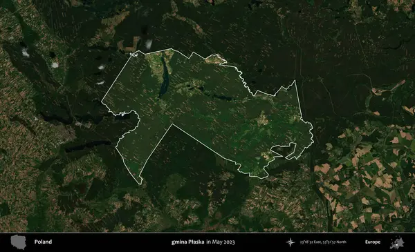 gmina Plaska. Polonya 'nın idari alanı, Mayıs 2023' te çekilen Kopernik Nöbetçi karolarından oluşan koyu renkli bir uydu görüntüsü üzerinde vurgulandı ve özetlendi.