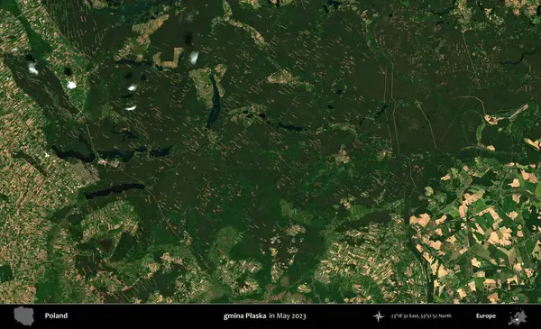 gmina Plaska. Copernicus Sentinel 'in Mayıs 2023' te çekilmiş uydu görüntüsü üzerine Polonya 'nın idari bölgesi.