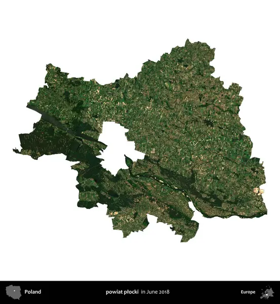 powiat plocki. Polonya idari bölgesi, Haziran 2018 'de çekilen Kopernik Nöbetçi karolarından oluşan bir uydu görüntüsü üzerinde beyaza izole edildi.