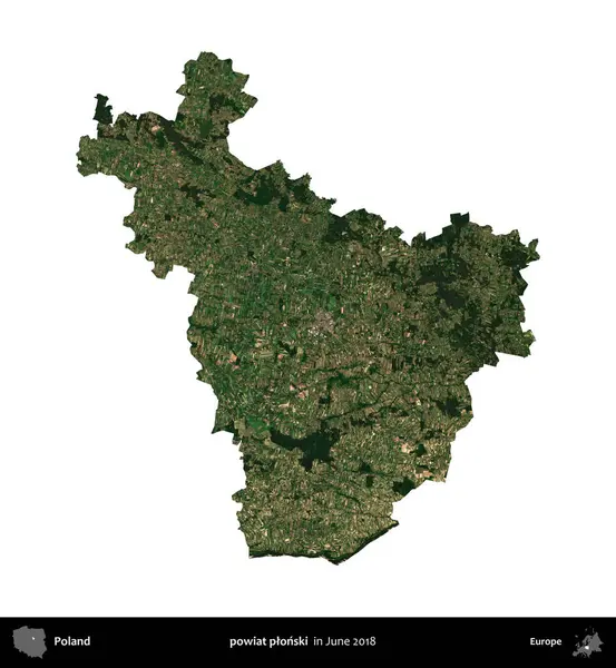 Powiat Pplonski. Polonya idari bölgesi, Haziran 2018 'de çekilen Kopernik Nöbetçi karolarından oluşan bir uydu görüntüsü üzerinde beyaza izole edildi.