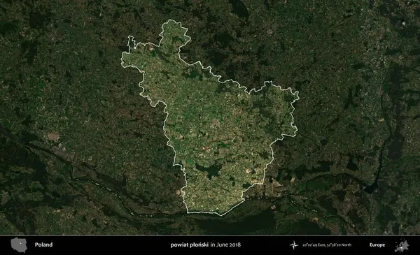 Powiat Pplonski. Polonya 'nın idari alanı, Haziran 2018' de çekilen Kopernik Nöbetçi karolarından oluşan koyu renkli bir uydu görüntüsüyle vurgulandı ve özetlendi
