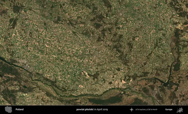 Powiat Pplonski. Nisan 2019 'da çekilen Kopernik Sentinel karolarından oluşan bir uydu görüntüsü üzerine Polonya' nın idari bölgesi