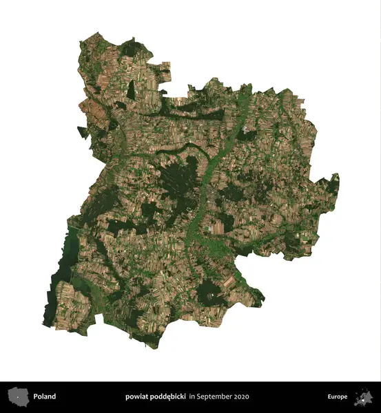 powiat poddebicki. Polonya idari bölgesi, Eylül 2020 'de çekilen Kopernik Nöbetçi karolarından oluşan bir uydu görüntüsü üzerinde beyaza izole edildi.