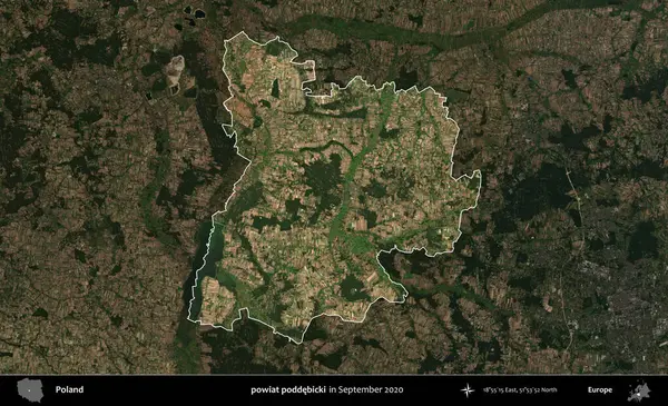 powiat poddebicki. Polonya 'nın idari alanı, Eylül 2020' de çekilen Kopernik Nöbetçi karolarından oluşan koyu renkli bir uydu görüntüsü üzerine vurgulandı ve özetlendi