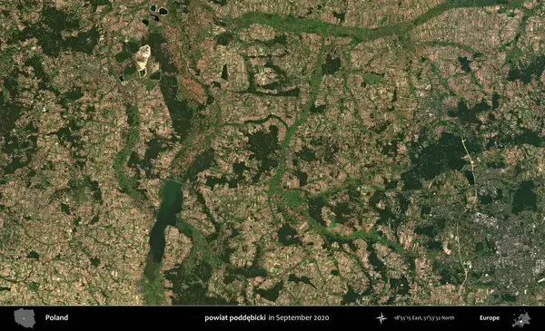 powiat poddebicki. Eylül 2020 'de Copernicus Sentinel karolarından oluşan bir uydu görüntüsü üzerine Polonya' nın idari bölgesi