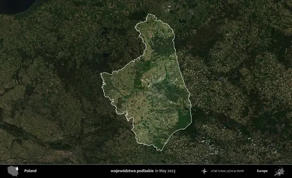 wojewodzz iki podlaskie. Polonya 'nın idari alanı, Mayıs 2023' te çekilen Kopernik Nöbetçi karolarından oluşan koyu renkli bir uydu görüntüsü üzerinde vurgulandı ve özetlendi.