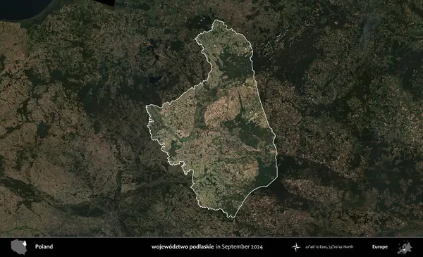 wojewodzz iki podlaskie. Polonya 'nın idari alanı, Eylül 2024' te çekilen Kopernik Nöbetçi karolarından oluşan koyu renkli bir uydu görüntüsü üzerine vurgulandı ve özetlendi