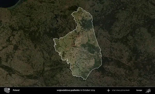 wojewodzz iki podlaskie. Polonya 'nın idari alanı, Ekim 2024' te çekilen Kopernik Nöbetçi karolarından oluşan koyu renkli bir uydu görüntüsü üzerine vurgulandı ve özetlendi