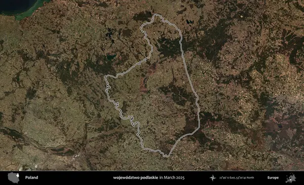 wojewodzz iki podlaskie. Polonya 'nın idari bölgesinin ana hatları, Mart 2025' te çekilen Kopernik Nöbetçi karolarından oluşan bir uydu görüntüsü üzerine çizildi.