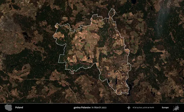 gmina Polanow. Polonya 'nın idari alanı, Mart 2022' de çekilen Kopernik Nöbetçi karolarından oluşan koyu renkli bir uydu görüntüsü üzerine vurgulandı ve özetlendi.