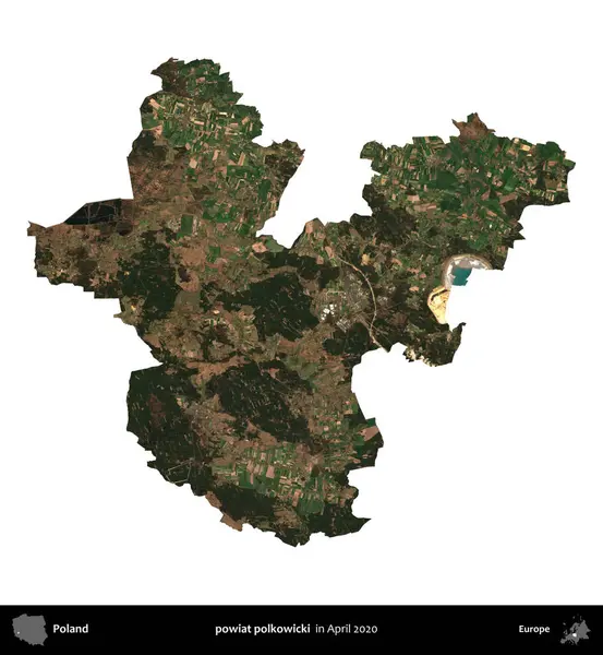 powiat polkowicki. Polonya idari bölgesi, Nisan 2020 'de çekilen Kopernik Nöbetçi karolarından oluşan bir uydu görüntüsü üzerinde beyaza izole edildi.
