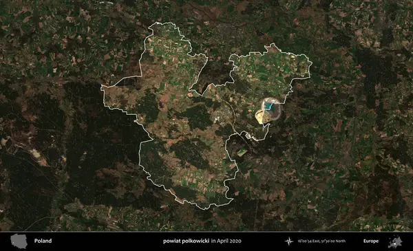 powiat polkowicki. Polonya 'nın idari alanı, Nisan 2020' de çekilen Kopernik Nöbetçi karolarından oluşan koyu renkli bir uydu görüntüsü üzerine vurgulandı ve özetlendi