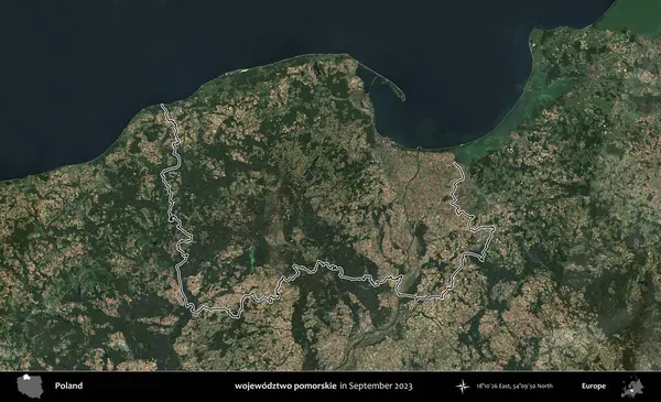 wojewodzz iki pomorskie. Eylül 2023 'te çekilen Copernicus Sentinel karolarından oluşan bir uydu görüntüsü üzerine Polonya' nın idari bölgesinin ana hatlarını belirledik.