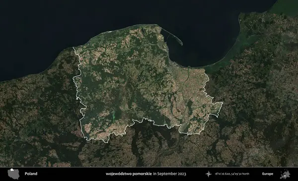 wojewodzz iki pomorskie. Polonya 'nın idari alanı, Eylül 2023' te çekilen Kopernik Nöbetçi karolarından oluşan koyu renkli bir uydu görüntüsü üzerine vurgulandı ve özetlendi.