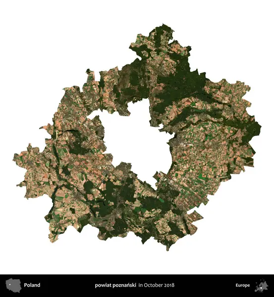 powiat poznanski. Polonya idari bölgesi, Ekim 2018 'de çekilen Kopernik Nöbetçi karolarından oluşan bir uydu görüntüsü üzerinde beyaza izole edildi.