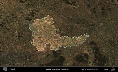 powiat proszowicki. Polonya 'nın idari alanı, Nisan 2020' de çekilen Kopernik Nöbetçi karolarından oluşan koyu renkli bir uydu görüntüsü üzerine vurgulandı ve özetlendi