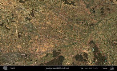 powiat proszowicki. Nisan 2020 'de Copernicus Sentinel karolarından oluşan bir uydu görüntüsü üzerine Polonya' nın idari bölgesi