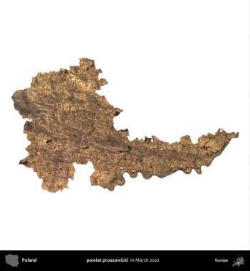 powiat proszowicki. Polonya idari bölgesi, Mart 2022 'de çekilen Kopernik Nöbetçi karolarından oluşan bir uydu görüntüsü üzerinde beyaza izole edildi.