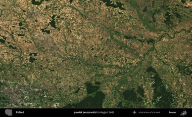 powiat proszowicki. Copernicus Sentinel 'in Ağustos 2022' de çekilmiş uydu görüntüsü üzerine Polonya 'nın idari bölgesi.