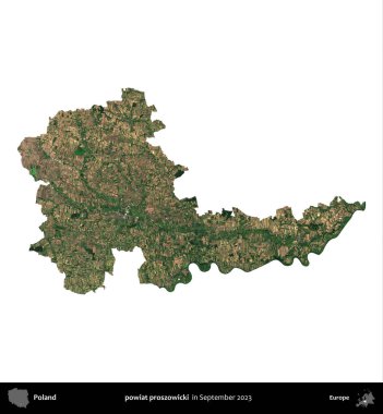 powiat proszowicki. Polonya idari bölgesi, Eylül 2023 'te çekilen Kopernik Nöbetçi karolarından oluşan bir uydu görüntüsü üzerinde beyaza izole edildi.