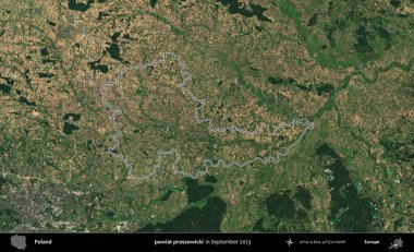 powiat proszowicki. Eylül 2023 'te çekilen Copernicus Sentinel karolarından oluşan bir uydu görüntüsü üzerine Polonya' nın idari bölgesinin ana hatlarını belirledik.