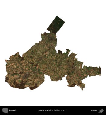 powiat prudnicki. Polonya idari bölgesi, Mart 2022 'de çekilen Kopernik Nöbetçi karolarından oluşan bir uydu görüntüsü üzerinde beyaza izole edildi.